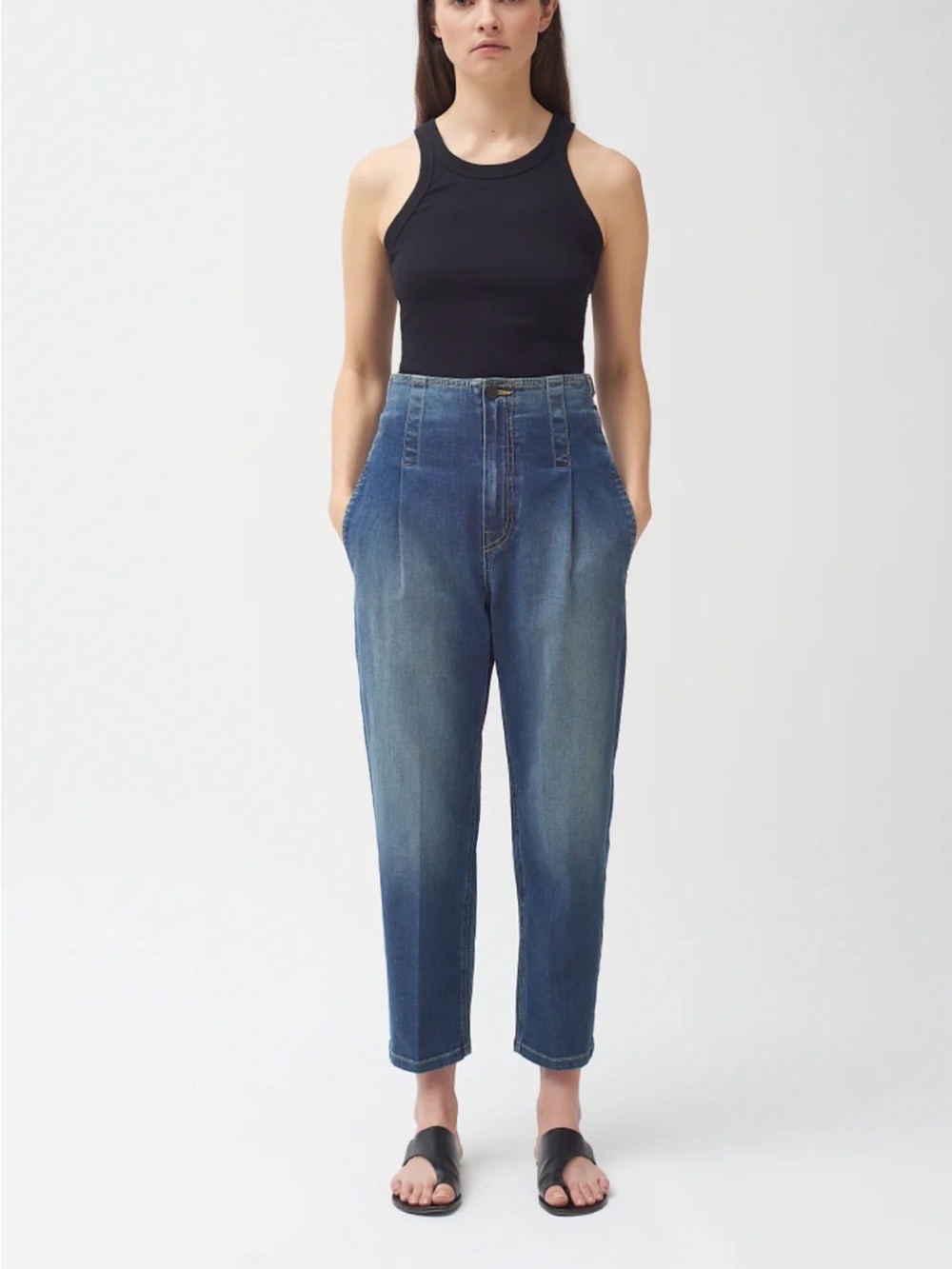 Colovos Buckle Jean Medium Fade Pleated High Rise Tapered Denim | 2 - Picture 9 of 10